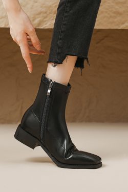 Women's Retro Chunky Heel Ankle Boots, Round Toe, Side Zipper, Slim Fit, Mid-Heel, Large Size 41-43, Versatile 90s Style