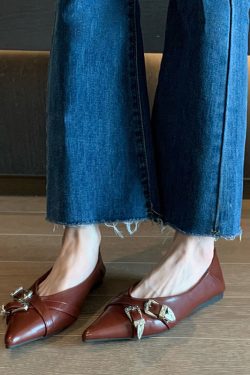 Women's Retro French Style Sheepskin Flat Shoes - 2024 Hot-Selling Red Pointed Single Shoes for Trendy Casual Wear