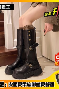 Women's Retro High Riding Boots - Two-Way Wear Thick-Soled Long Boots with Belt Buckle - British Style Autumn Winter 2024