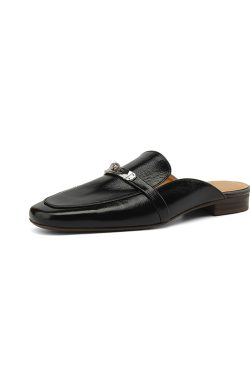Women's Retro Slip-On Open-Toe Half Slippers - Summer Flat Soft Genuine Leather Mules with Metal Buckle