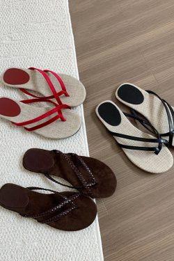 Women's Retro Woven Cross Strap Flip-Flops - Summer Outdoor Open Toe Flat Beach Sandals, Round Toe Design