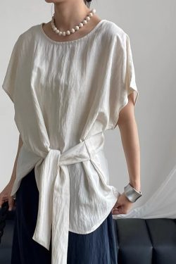 Women's Round Neck Waist-Tied Short Sleeve Shirt with Flutter Sleeves - 2025 Summer Trendy Top for a Unique Temperament
