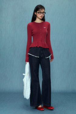 Women's Ruffle Edge Red Cardigan - 2025 Autumn Winter Fashion, Slim Fit Style