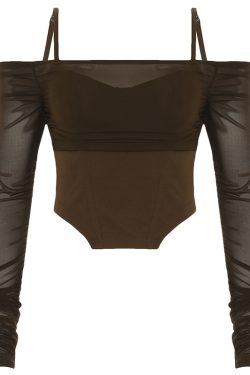 Women's Sexy Mesh See-Through Off-the-Shoulder Long Sleeve Irregular Waist-Cinching Fitted Top T-Shirt - Y2K Style