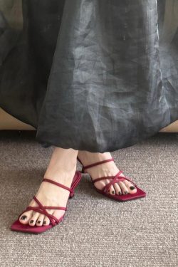 Women's Sheepskin Open-Toe Sandals 2025 - Stylish Red Thin Strap Slippers with Small Heel for Outdoor Fashion