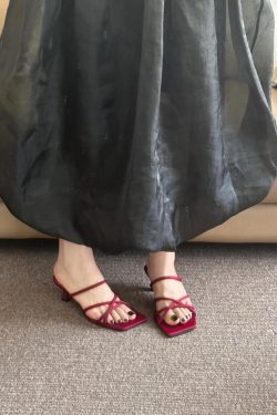 Women's Sheepskin Open-Toe Sandals 2025 - Stylish Red Thin Strap Slippers with Small Heel for Outdoor Fashion