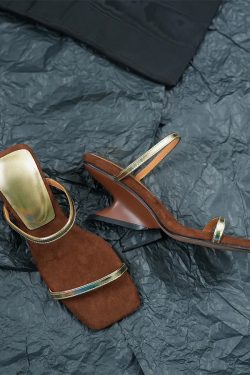 Women's Sheepskin Sandals 2024 - Stylish One-Strap Square Toe Open-Toe High-Heeled Slippers with Asymmetrical Heel