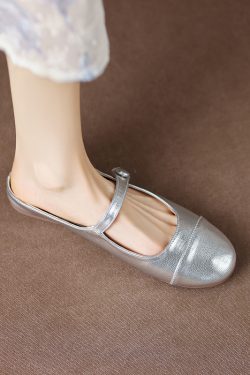 Women's Silver Open-Toe Half Slippers - Vintage French Style Flat Mules, One-Strap Genuine Leather Summer Shoes