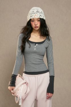 Women's Slim-Fit Long Sleeve T-Shirt, Faux Two-Piece Design, Autumn Winter 2024 Trend, Casual Chic Top
