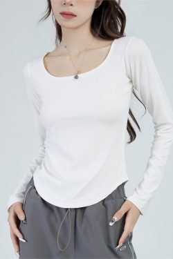 Women's Slim Fit Square Neck White Long Sleeve T-Shirt - Spicy Girl Inner Layer Base Top for Autumn Fashion