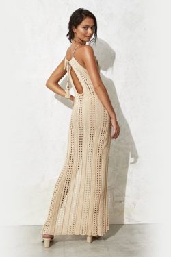 Women's Solid Color Sleeveless Beach Dress - Knitted Hollow Swimwear Vacation Long Dress in European and American Style