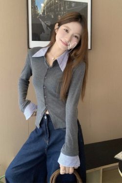 Women's Striped Long Sleeve Polo Collar Cardigan - Fake Two-Piece Design, Slim Fit, Stylish for Autumn & Winter Fashion