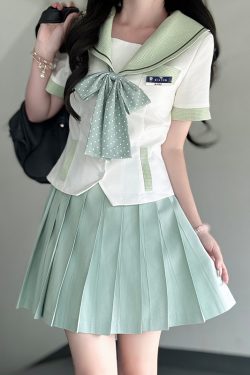 Women's Summer College Style Short Sleeve Plaid Splicing Top with Navy Collar - Pudding Bear Inspired JK Uniform