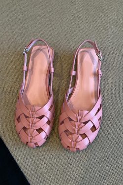 Women's Summer French-Style Pink Woven Hollow Sheepskin Wedge Roman Sandals - Breathable, Exquisite Design for Chic 90s Vibes