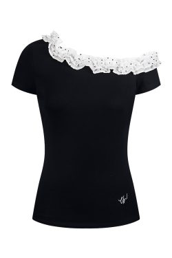 Women's Summer Multi-Layer Lace Asymmetrical Collar Short Sleeve T-Shirt - Chic Slim Fit French Design
