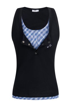 Women's Summer Patchwork Plaid Vest - Fake Two-Piece Slim-Fit Sleeveless Top for Trendy Girls, American Style Fashion