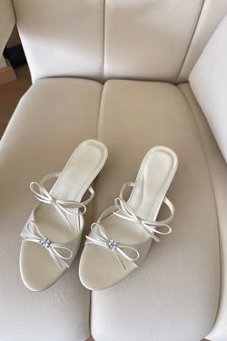 Women's Summer Sheepskin Sandals with Rhinestone Bow, Open-Toe One-Strap Design, Thin Heel French Style Slippers