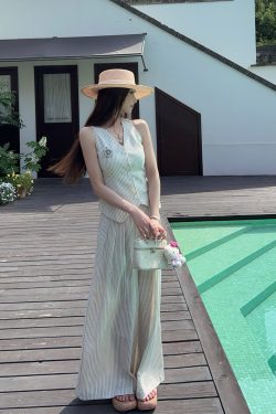 Women's Summer Thin High-Waisted Striped Vest and Wide-Leg Pants Set - Chic 90s Inspired Two-Piece Outfit for Stylish Looks