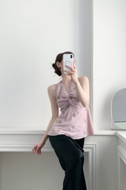 Women's Summer V-neck Twisted Knot Sleeveless Halter Top - Embroidered Cherry Blossom Design, Slim-Fit, Waist-Defining Style