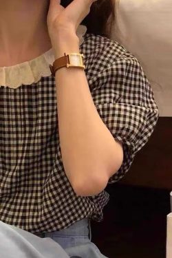 Women's Sweet Lace Trim Doll Patchwork Plaid Puff Sleeve Shirt - Korean Style Summer 2025 Fashion