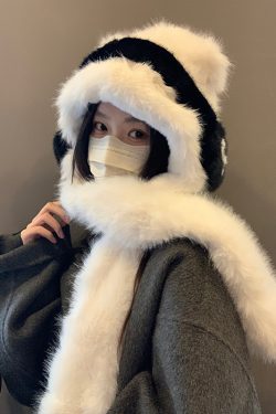Women’s Thickened Teddy Bear Plush Hat and Scarf Set with Cute Bow – Warm Ear Protection for Autumn and Winter
