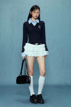 Women's Two-Piece Knitted Sweater Set - Long Sleeve Polo Collar, Slim Fit, Autumn Winter College Style