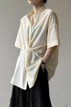 Women's Unique Knotted Waist Mid-Sleeve Shirt - Casual Loose Fit, Elegant Thin Top for Summer 2025, Trendy Fashion Essential