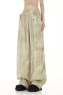 Women's Vintage American Streetwear Wide-Leg Drawstring Pants - Versatile Straight Leg Floor-Length Trousers for Summer Fashion