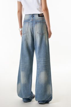 Women's Vintage High Street Cat Whisker Washed Loose Straight Leg Pants with Slimming Draped Wide Leg Design