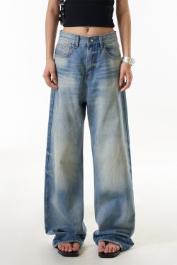 Women's Vintage High Street Cat Whisker Washed Loose Straight Leg Pants with Slimming Draped Wide Leg Design