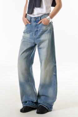 Women's Vintage High Street Cat Whisker Washed Loose Straight Leg Pants with Slimming Draped Wide Leg Design