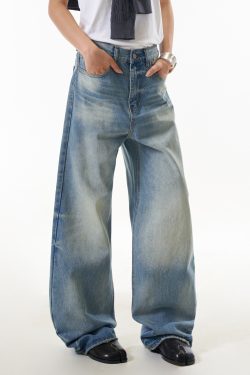 Women's Vintage High Street Cat Whisker Washed Loose Straight Leg Pants with Slimming Draped Wide Leg Design