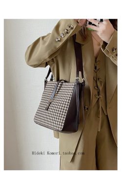Women's Vintage Houndstooth Wool Crossbody Shoulder Bag - Fashionable Large Capacity Bucket Style for 2025