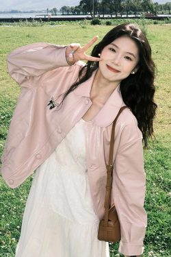 Women's Vintage Pink Leather Jacket, Casual Loose Fit, Long Sleeve, Spring Autumn Style, Retro 90s Inspired Short Top