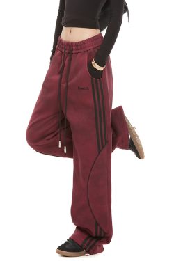 Women's Vintage Striped Sweatpants - Straight-Leg Casual Pants for Autumn, Trendy Street Style, Sporty Draped Design