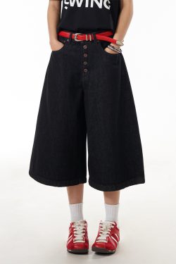 Women's Vintage Wide-Leg Denim Capris - Original Color Button Workwear Shorts for Summer, 90s American Style
