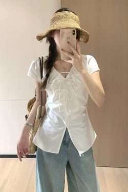 Women's White Bow Tie Shirt with Flying Sleeves - Unique Summer Top, Flattering Waist Design for Effortless Style