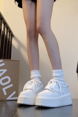 Women's White Lace-Up Platform Sneakers - Trendy Thick-Soled Casual Shoes for Students, Height-Increasing Versatile Style 2025