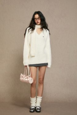 Women's White Loose Knit Sweater - 2024 Winter Lazy Style High-End Fashion Top
