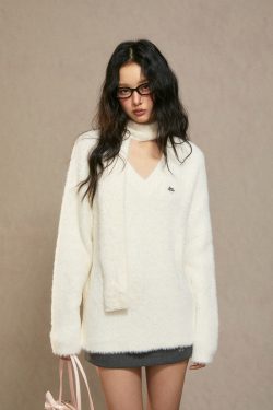 Women's White Loose Knit Sweater - 2024 Winter Lazy Style High-End Fashion Top