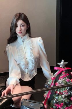 Women's White Satin Blouse with Stand Collar, Ruffled Long Sleeves - Autumn Winter French Style Shirt