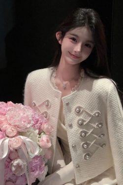 Women's White Woolen Coat with Heavy Embroidery - Short Down Liner Overcoat for Winter Fashion