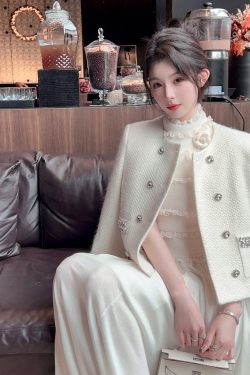Women's Winter White Knitted Wool Coat with Down Inner Lining - Short Thick Fragrant Design