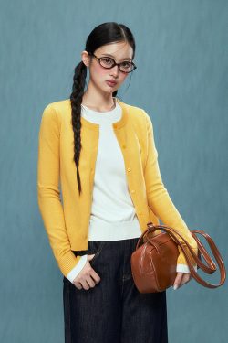 Women's Yellow Knitted Two-Piece Sweater Cardigan - 2024 Autumn Winter College Style Pullover Fashion Top