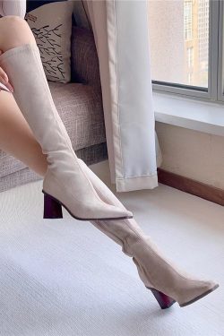 Wood Grain Over-the-Knee High-Heeled Boots for Women - Pointed Toe Chunky Heel Suede - Autumn Winter 2024 Fashion