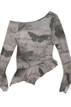 Y2K Butterfly Off-Shoulder Fitted Mesh T-Shirt with Irregular Ruffled Sleeves for Spicy Girls - Summer Fashion