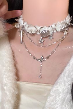 Y2K Choker Collarbone Chain for Women - Star Patchwork Plush Neck Chain, Autumn Winter Accessory for Sweet Cool Spicy Style