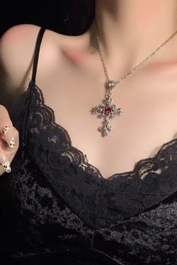 Y2K Dark Cross Necklace for Girls - Gothic Lolita Sweater Neck Chain Accessory for Halloween and Subculture Style