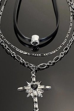 Y2K Gothic Layered Cross Necklace - Dark Leather Choker Collar for Hot Girl Style, Clavicle Chain Accessory