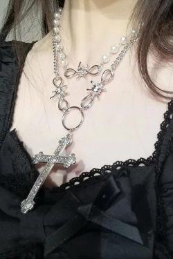Y2K Multi-Layer Pearl Cross Pendant Necklace for Women, Metal Sweater Chain Accessory, Sweet and Cool Fashion Statement